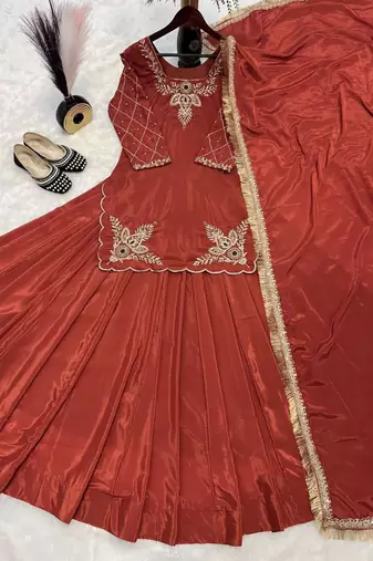 orange crepe silk blend embroidered lehenga set with dupatta