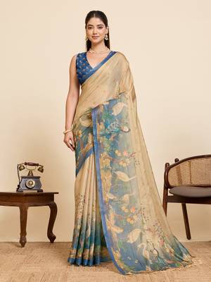 cream printed linen blend saree with swan motifs 1