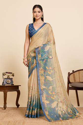 Elegant cream floral and swan print linen blend saree with unstiched blouse piece