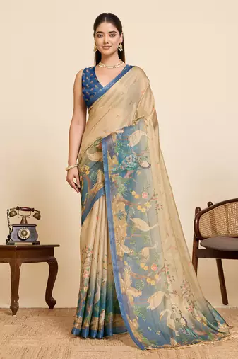 Elegant cream floral and swan print linen blend saree with unstiched blouse piece