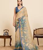 cream printed linen blend saree with swan motifs