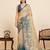 Elegant cream floral and swan print linen blend saree with unstiched blouse piece