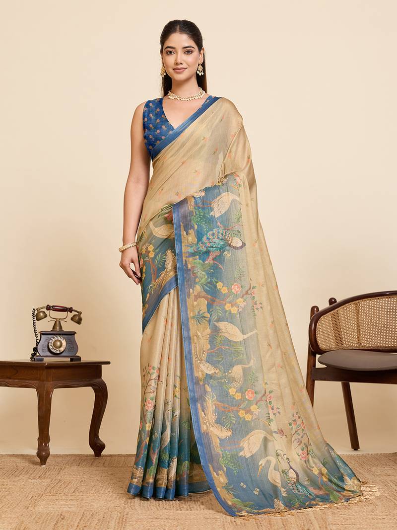 Elegant cream floral and swan print linen blend saree with unstiched blouse piece