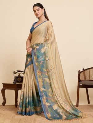 cream printed linen blend saree with swan motifs 2