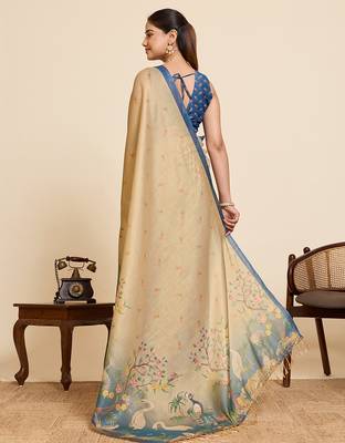 cream printed linen blend saree with swan motifs 3