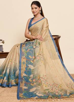 cream printed linen blend saree with swan motifs 4