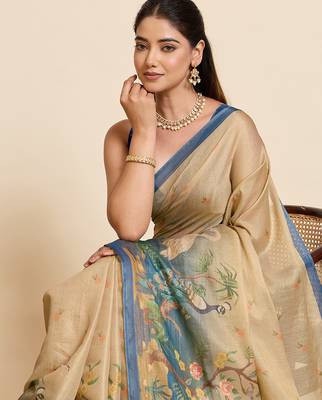 cream printed linen blend saree with swan motifs 5