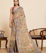 Elegant multicolor floral and swan print linen blend saree with unstiched blouse piece