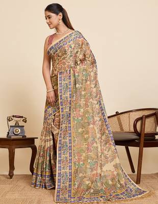multicolor linen blend saree with floral & traditional print 2