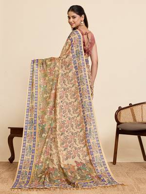 multicolor linen blend saree with floral & traditional print 3