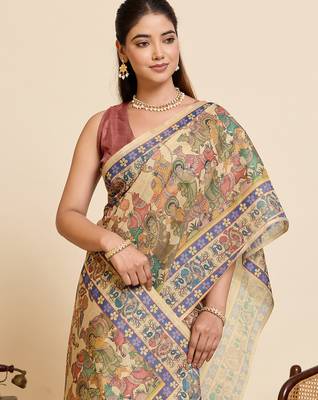 multicolor linen blend saree with floral & traditional print 5