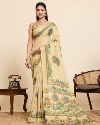yellow linen blend saree with floral & print 1