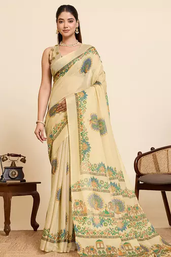 Elegant yellow floral and swan print linen blend saree with unstiched blouse piece