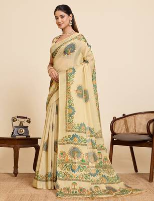 yellow linen blend saree with floral & print 2