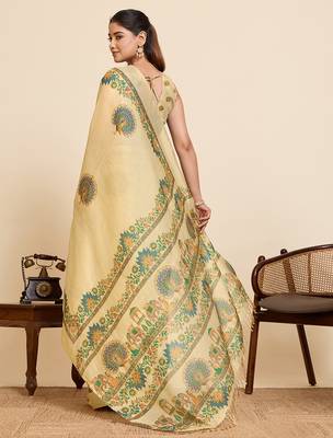 yellow linen blend saree with floral & print 3