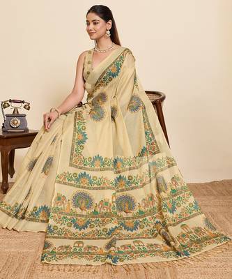 yellow linen blend saree with floral & print 4