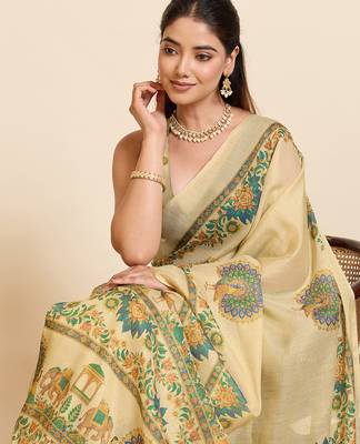 yellow linen blend saree with floral & print 5