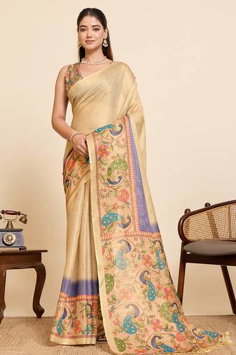 beige linen blend saree with floral & swan print