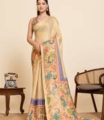 beige linen blend saree with floral & swan print