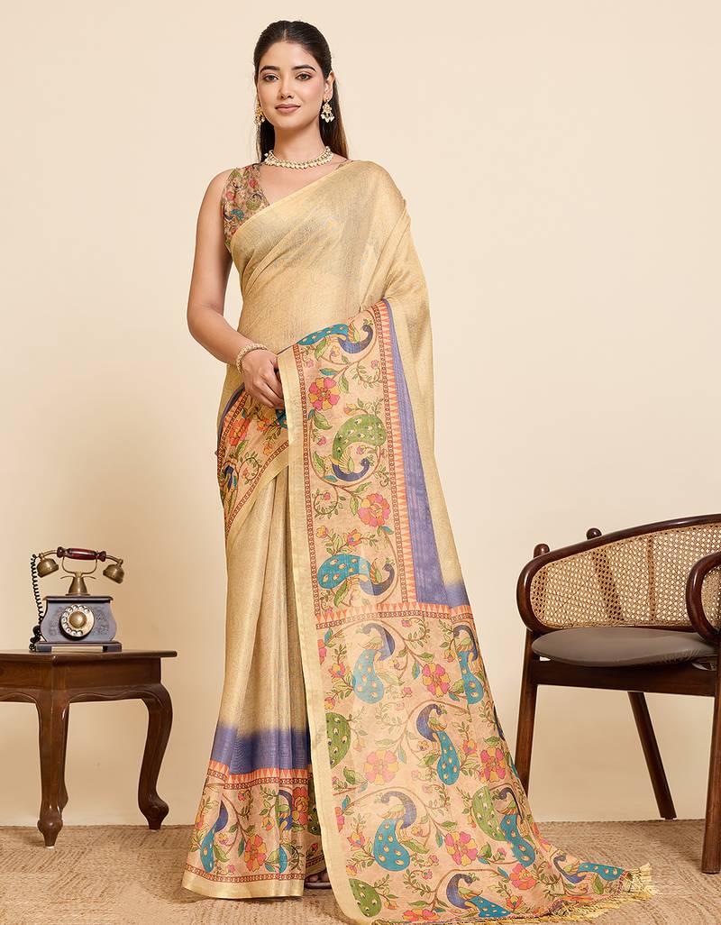 Elegant beige floral and swan print linen blend saree with unstiched blouse piece
