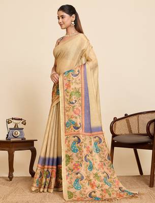 beige linen blend saree with floral & swan print 2