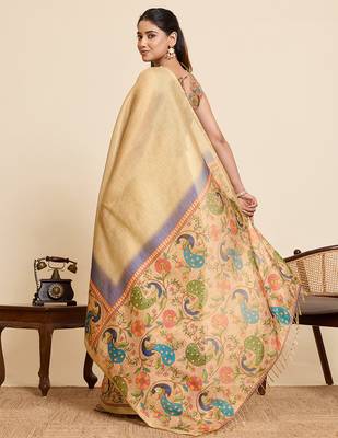 beige linen blend saree with floral & swan print 3
