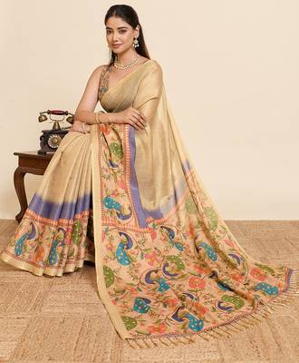 beige linen blend saree with floral & swan print 4