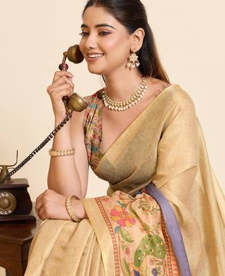 beige linen blend saree with floral & swan print 5