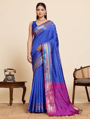 silk blend blue saree with zari stripes and contrast pallu 1