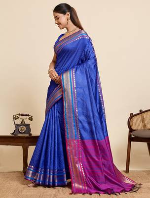 silk blend blue saree with zari stripes and contrast pallu 2