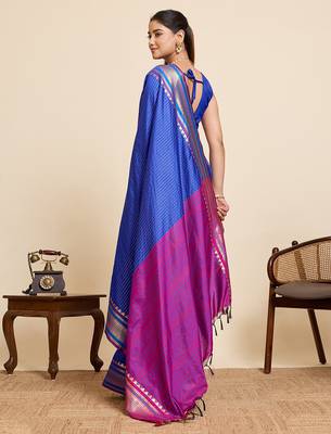 silk blend blue saree with zari stripes and contrast pallu 3