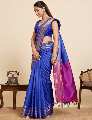 silk blend blue saree with zari stripes and contrast pallu 4