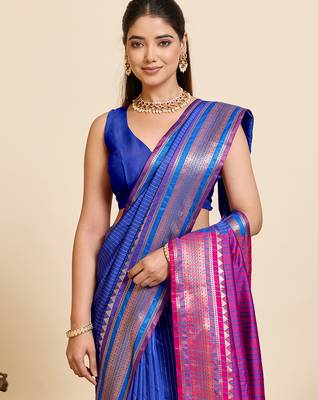 silk blend blue saree with zari stripes and contrast pallu 5