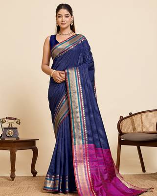 dark blue silk blend saree with zari stripes and contrast pallu 1