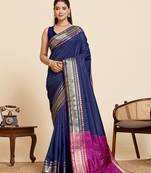 dark blue silk blend saree with zari stripes and contrast pallu