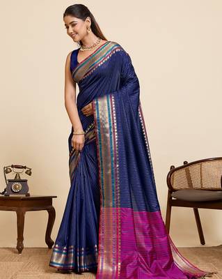 dark blue silk blend saree with zari stripes and contrast pallu 2