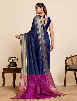 dark blue silk blend saree with zari stripes and contrast pallu 3