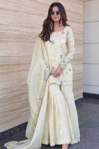 Chic cream embroidered short kurti sharara set with dupatta