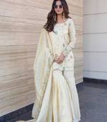 cream chinon sharara set with embroidered short kurti and dupatta