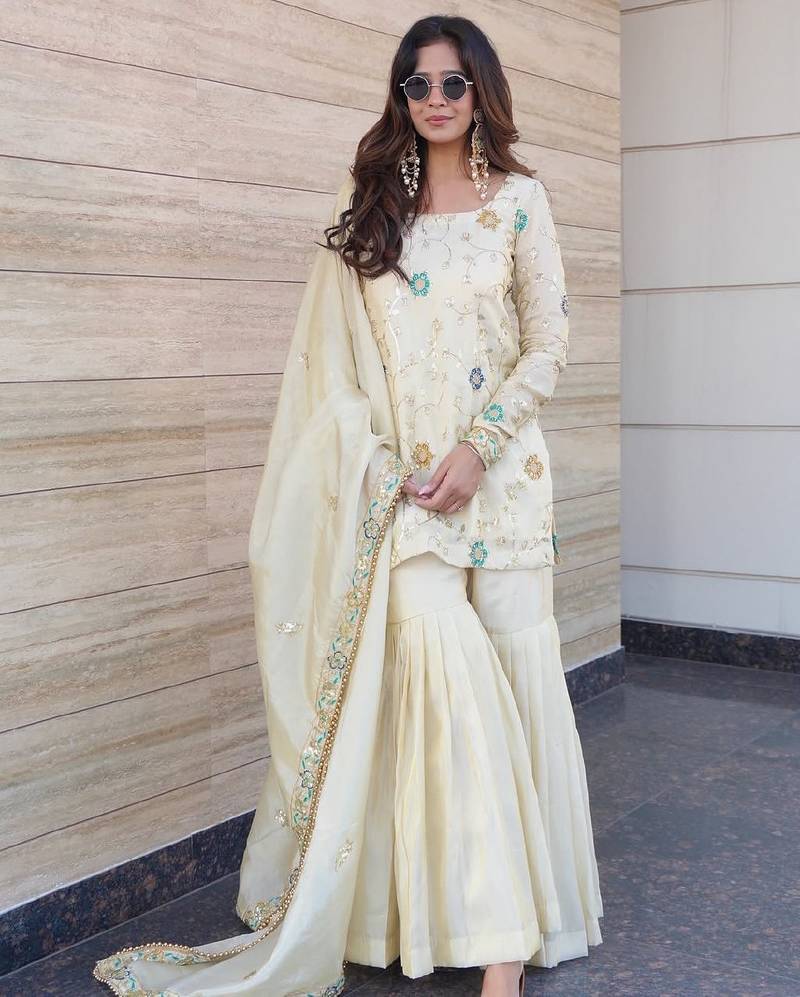 Chic cream embroidered short kurti sharara set with dupatta