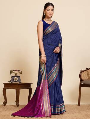 dark blue silk blend saree with zari stripes and contrast pallu 4