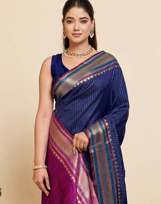 dark blue silk blend saree with zari stripes and contrast pallu 5