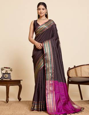 dark brown silk blend saree with zari stripes and contrast pallu 1