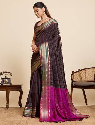 dark brown silk blend saree with zari stripes and contrast pallu 2
