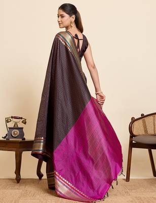 dark brown silk blend saree with zari stripes and contrast pallu 3