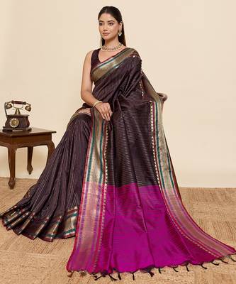 dark brown silk blend saree with zari stripes and contrast pallu 4