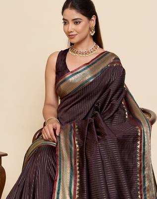 dark brown silk blend saree with zari stripes and contrast pallu 5