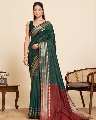 dark green silk blend saree with zari stripes and contrast pallu 1
