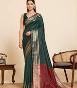 dark green silk blend saree with zari stripes and contrast pallu