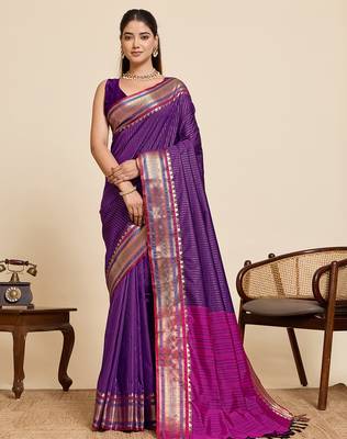 purple silk blend saree with zari stripes and contrast pallu 1